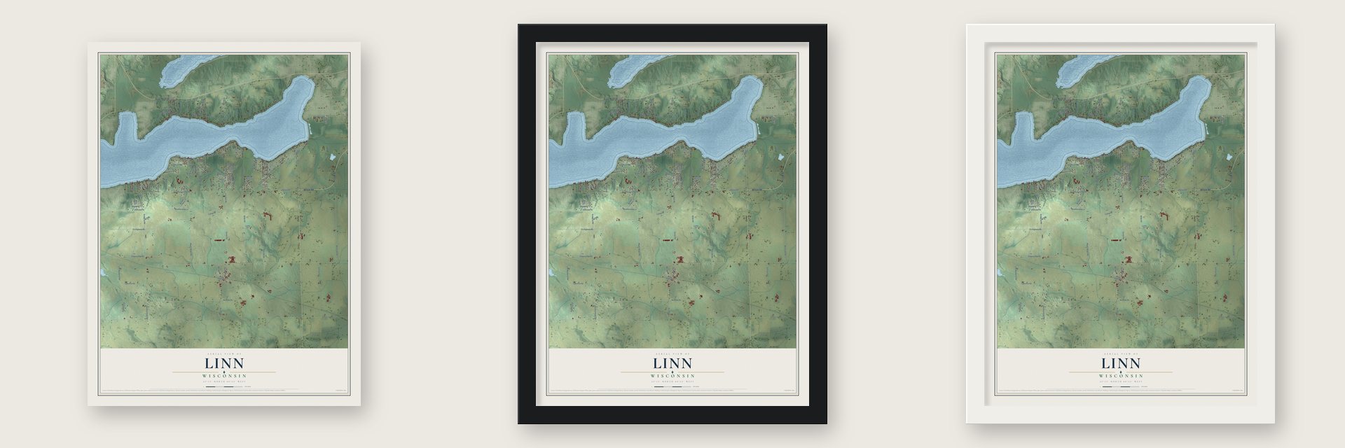 Linn, Wisconsin map unframed, in a black wood frame and in a white wood frame