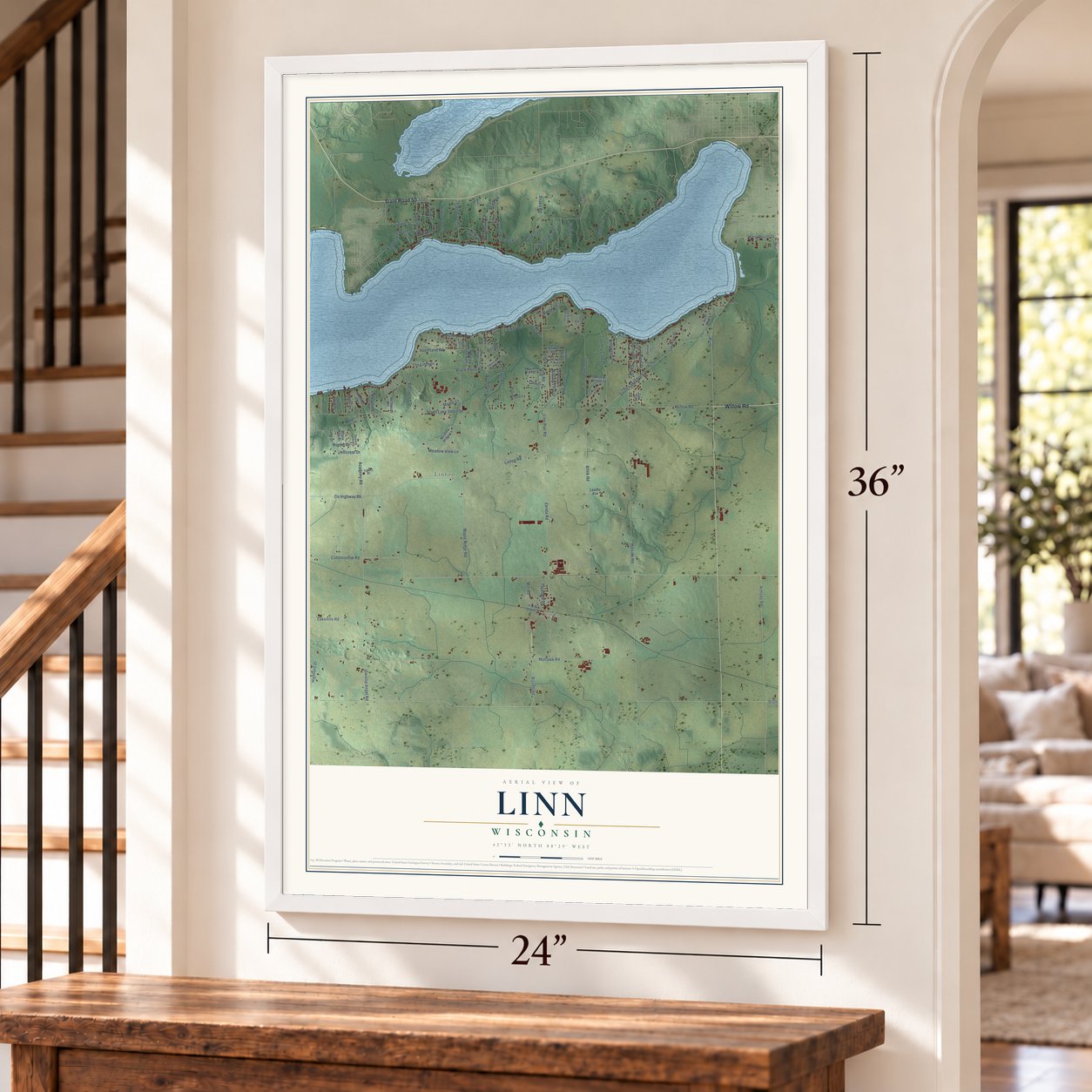 Linn, Wisconsin map, 24 x 36 inch print in a white frame by a staircase