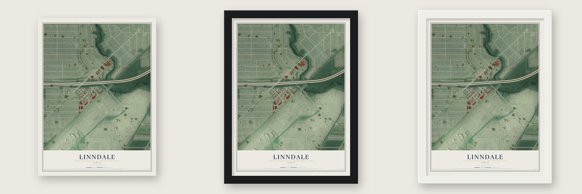 Linndale, Ohio map unframed, in a black wood frame and in a white wood frame