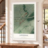 Linndale, Ohio map, 24 x 36 inch print in a white frame by a staircase