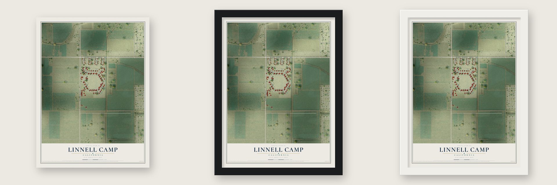 Linnell Camp, California map unframed, in a black wood frame and in a white wood frame