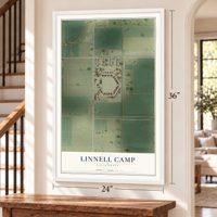 Linnell Camp, California map, 24 x 36 inch print in a white frame by a staircase