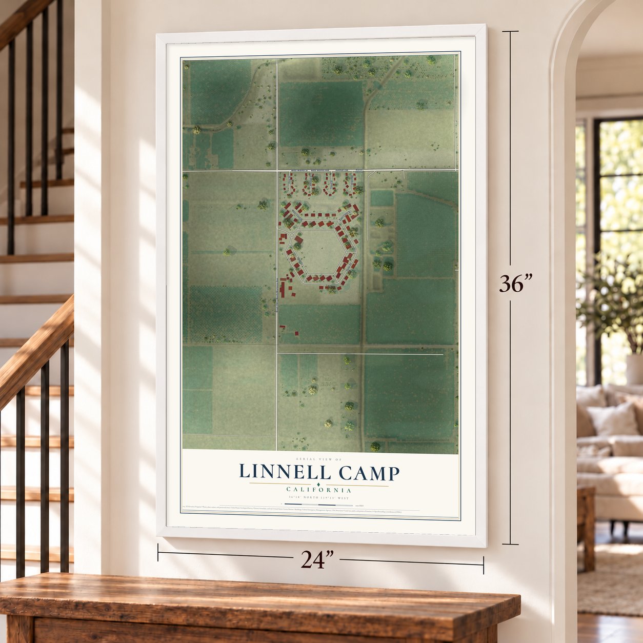 Linnell Camp, California map, 24 x 36 inch print in a white frame by a staircase