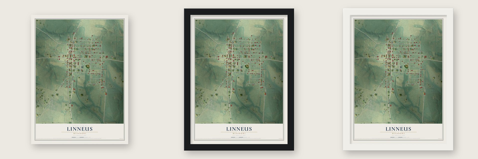 Linneus, Missouri map unframed, in a black wood frame and in a white wood frame