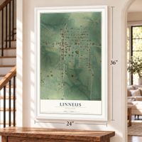 Linneus, Missouri map, 24 x 36 inch print in a white frame by a staircase