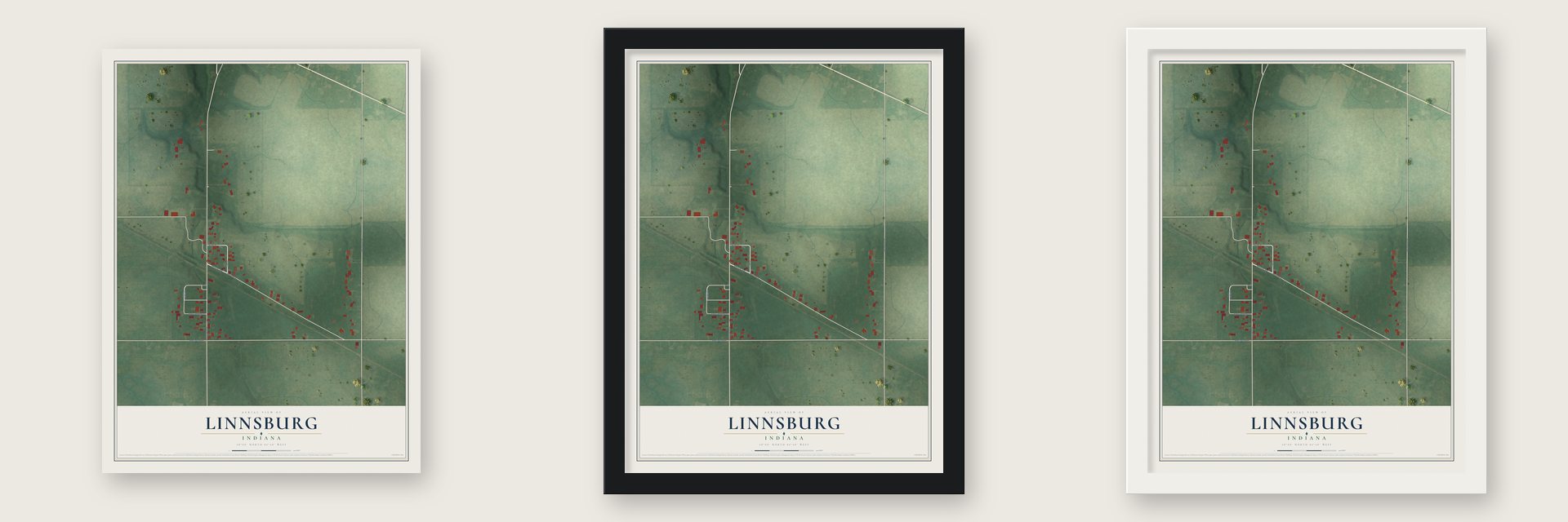 Linnsburg, Indiana map unframed, in a black wood frame and in a white wood frame