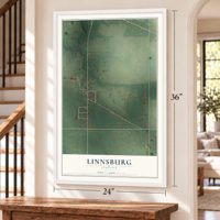 Linnsburg, Indiana map, 24 x 36 inch print in a white frame by a staircase
