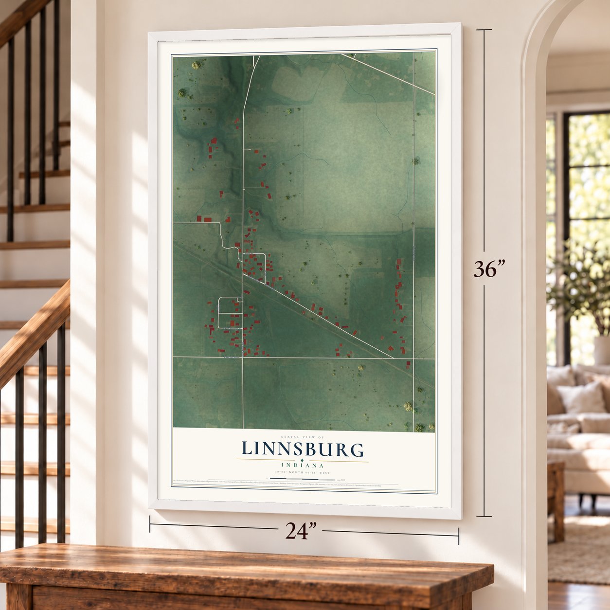 Linnsburg, Indiana map, 24 x 36 inch print in a white frame by a staircase