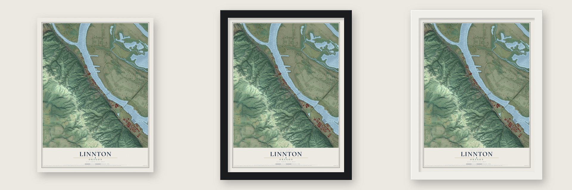 Linnton, Oregon map unframed, in a black wood frame and in a white wood frame