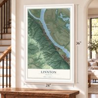 Linnton, Oregon map, 24 x 36 inch print in a white frame by a staircase