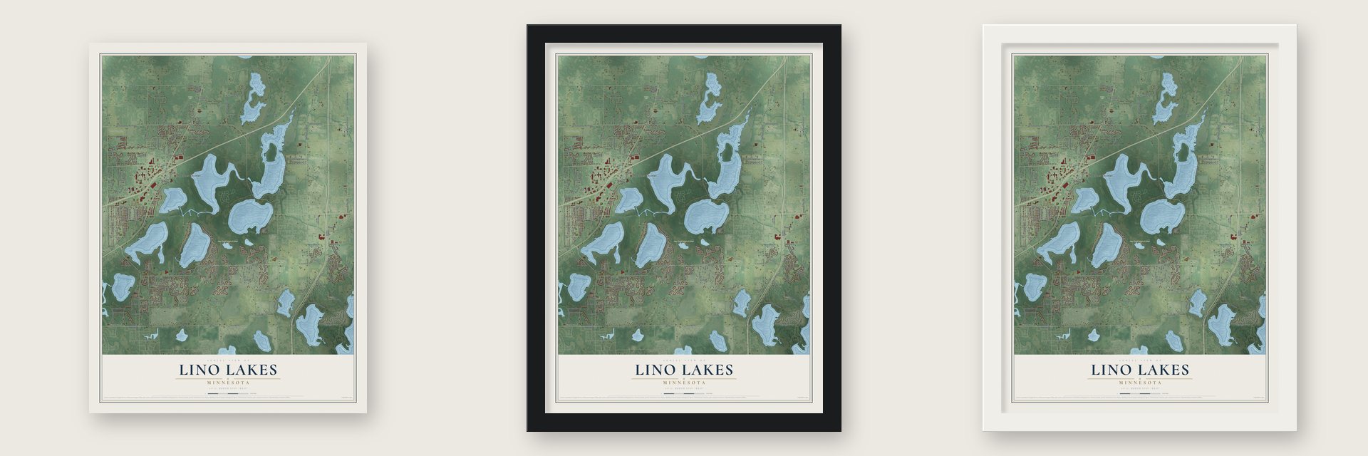Lino Lakes, Minnesota map unframed, in a black wood frame and in a white wood frame