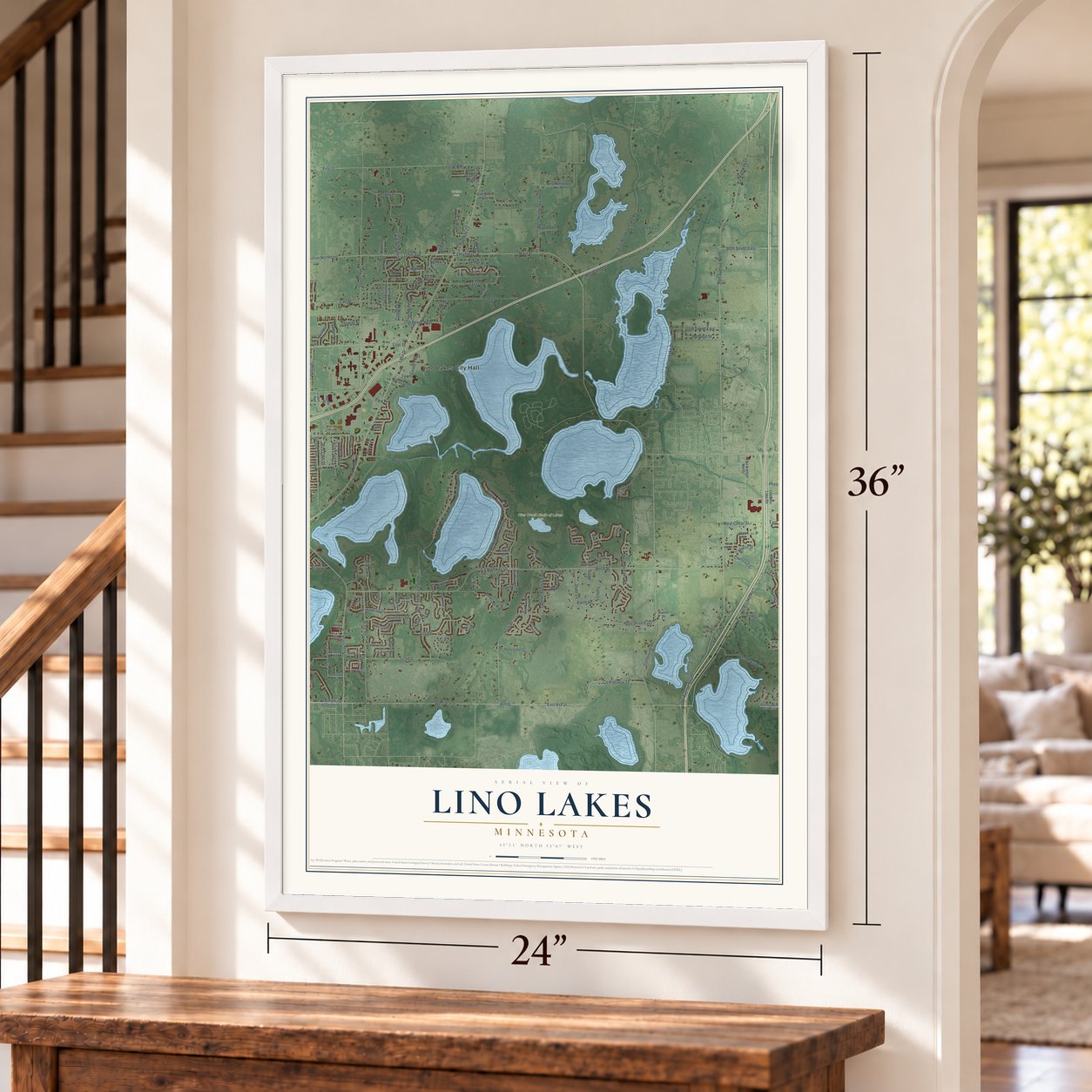 Lino Lakes, Minnesota map, 24 x 36 inch print in a white frame by a staircase