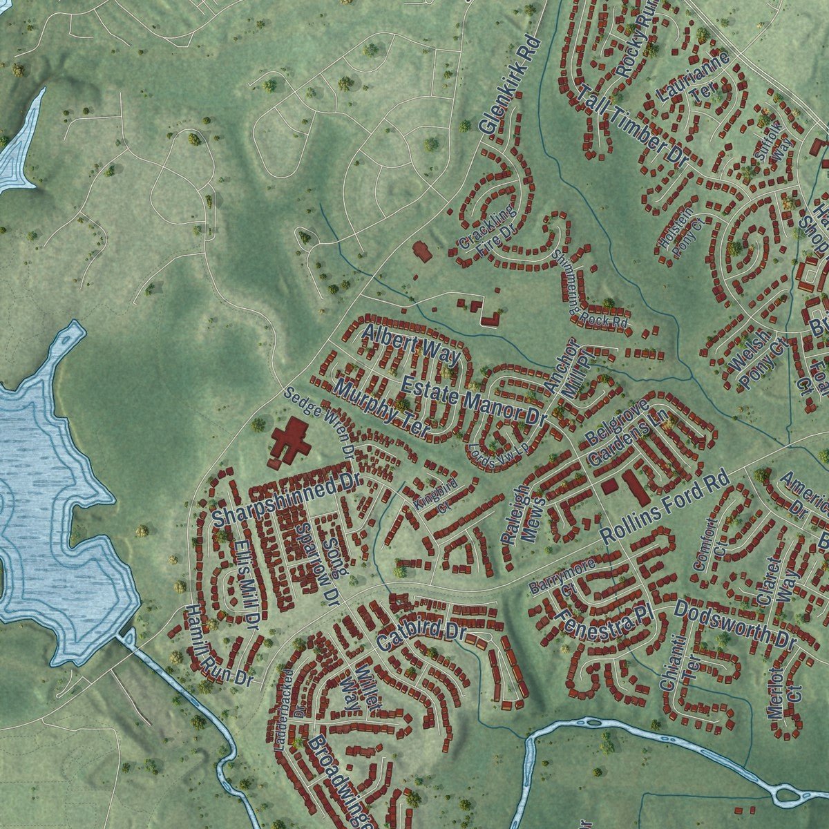 Second close-up of the map of Linton Hall, Virginia print showing more streets and buildings