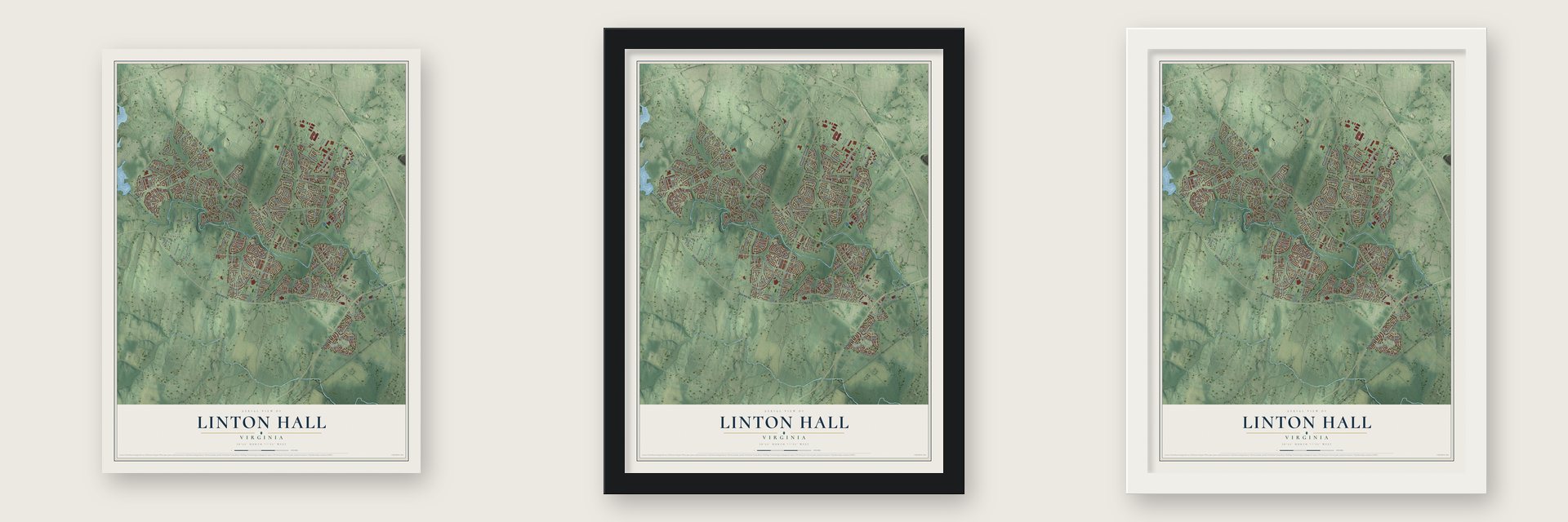 Linton Hall, Virginia map unframed, in a black wood frame and in a white wood frame