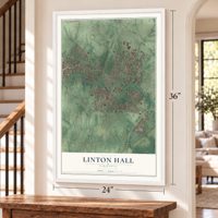 Linton Hall, Virginia map, 24 x 36 inch print in a white frame by a staircase