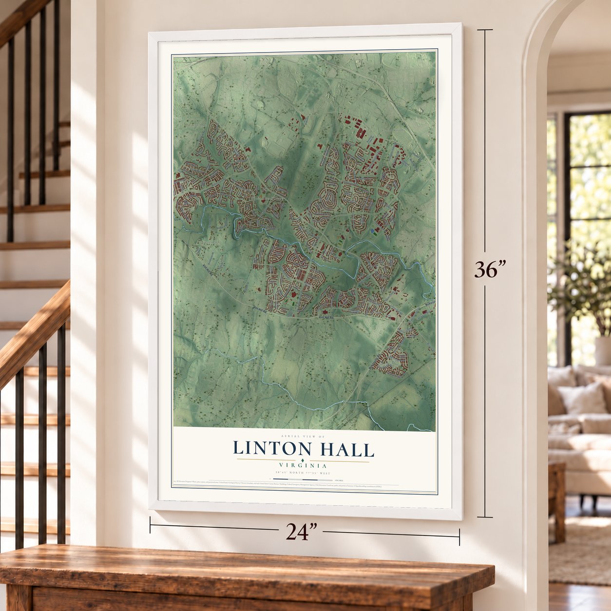 Linton Hall, Virginia map, 24 x 36 inch print in a white frame by a staircase