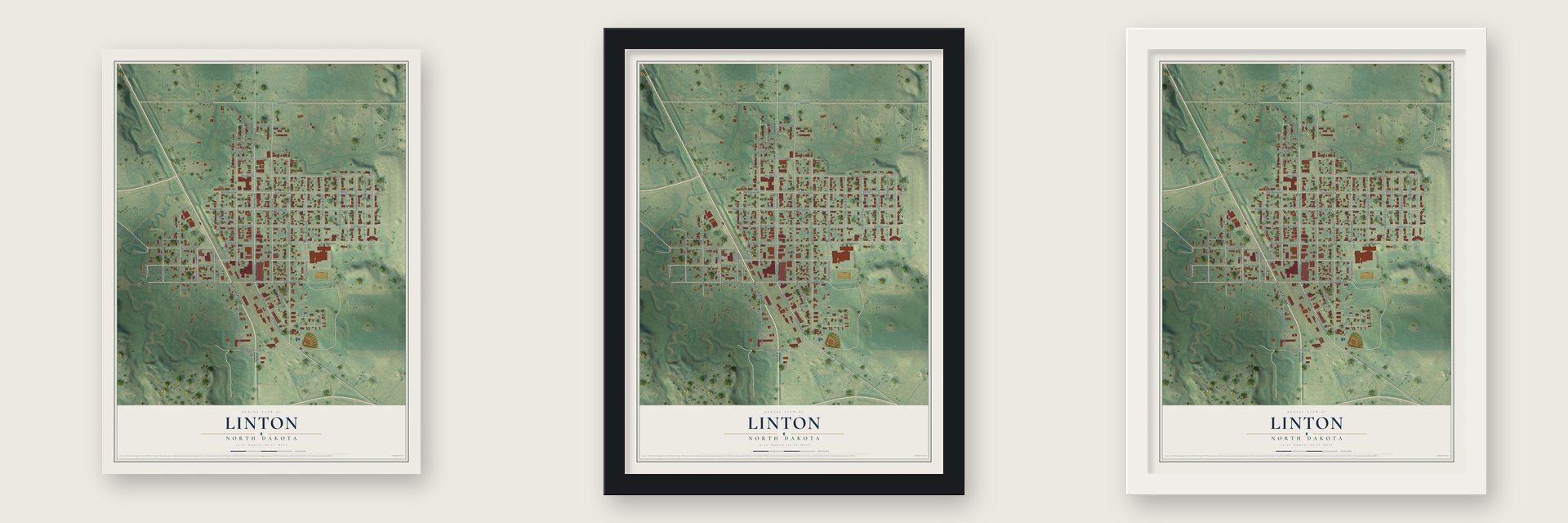 Linton, North Dakota map unframed, in a black wood frame and in a white wood frame
