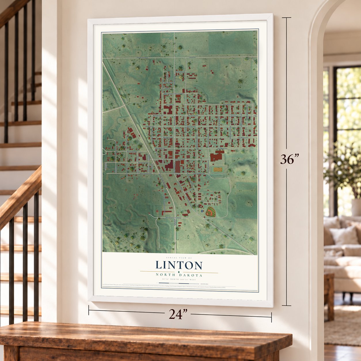 Linton, North Dakota map, 24 x 36 inch print in a white frame by a staircase