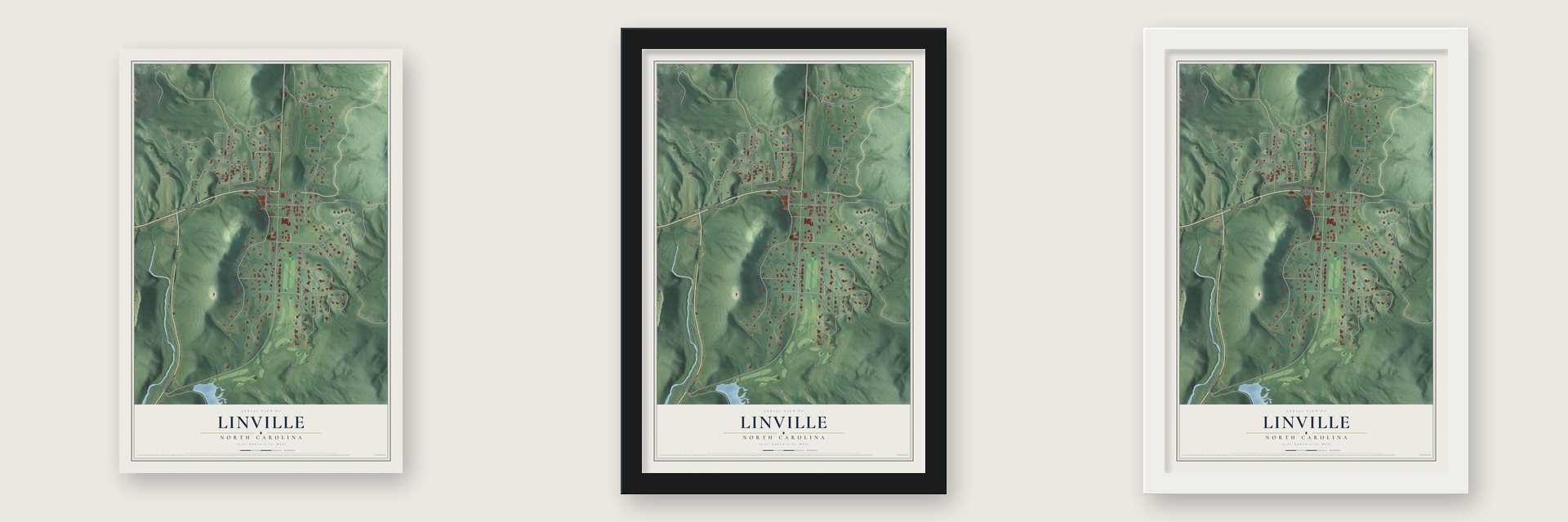 Linville, North Carolina map unframed, in a black wood frame and in a white wood frame
