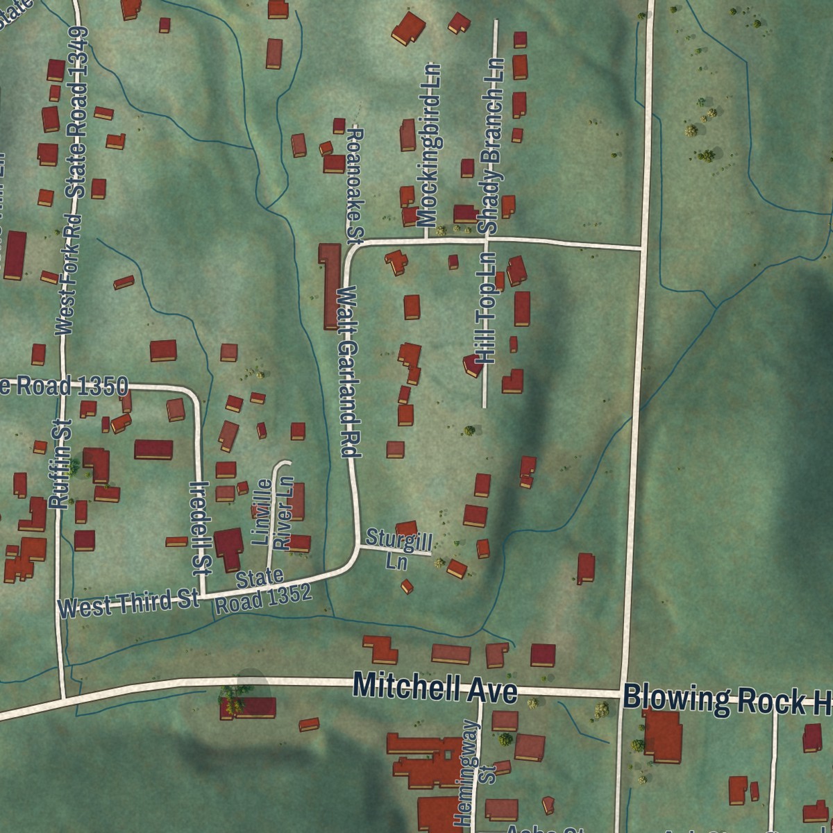Second close-up of the map of Linville, North Carolina print showing more streets and buildings