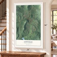 Linville, North Carolina map, 24 x 36 inch print in a white frame by a staircase