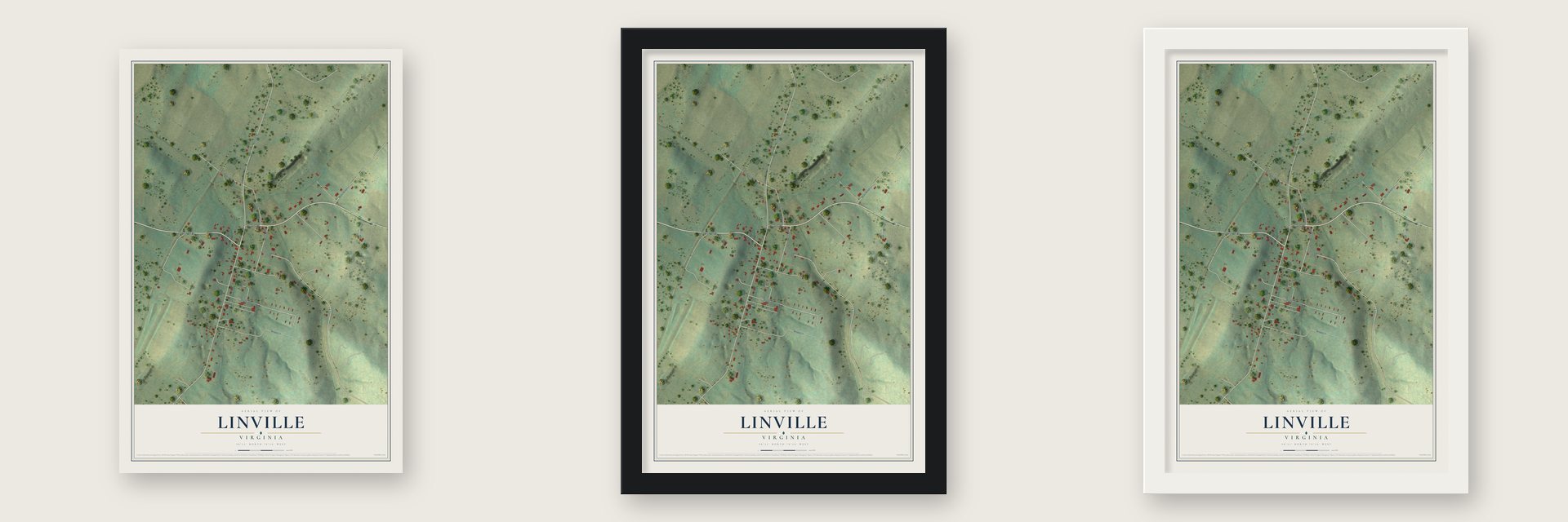 Linville, Virginia map unframed, in a black wood frame and in a white wood frame