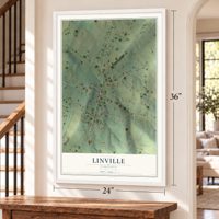 Linville, Virginia map, 24 x 36 inch print in a white frame by a staircase