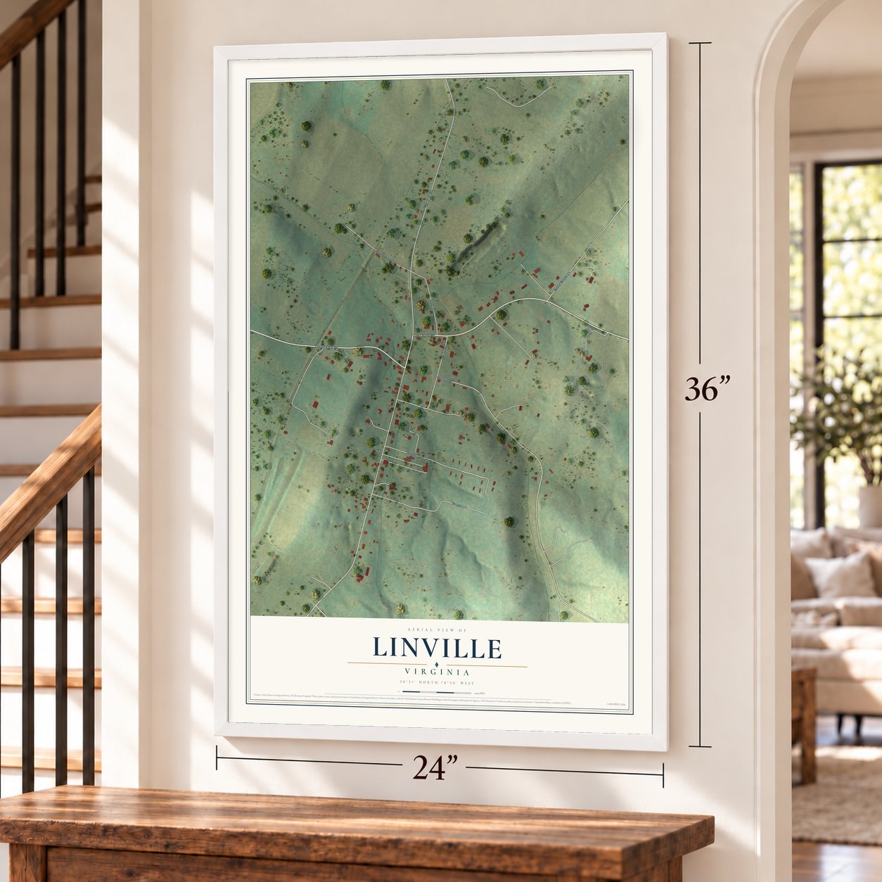 Linville, Virginia map, 24 x 36 inch print in a white frame by a staircase