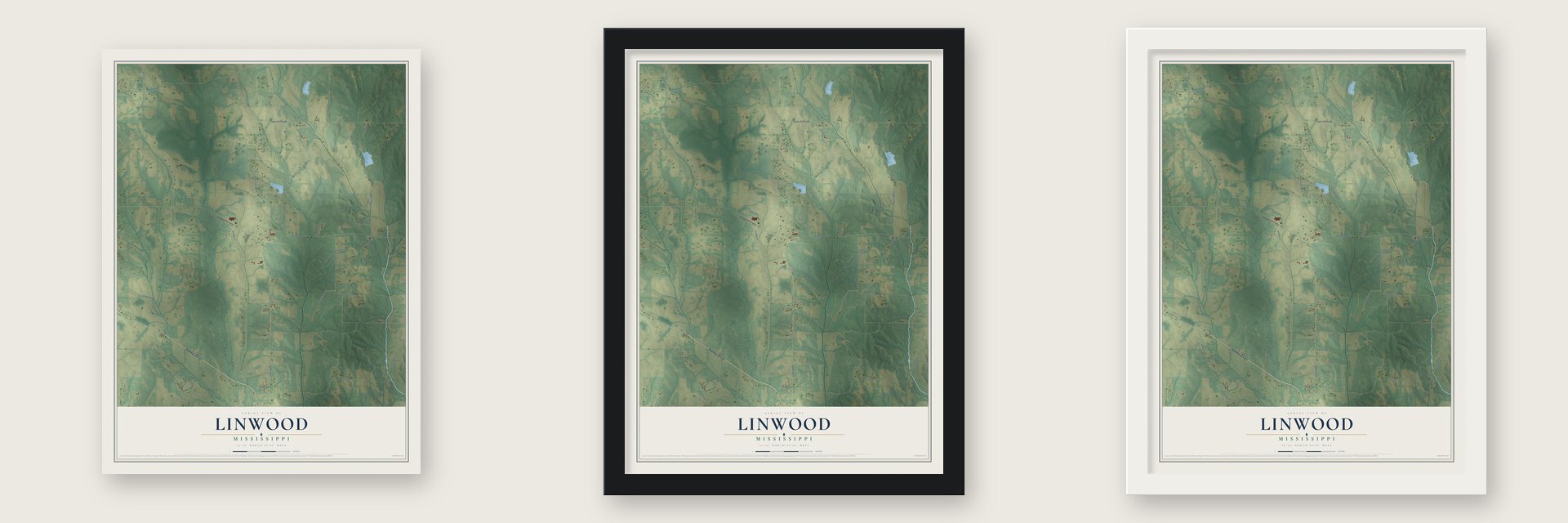 Linwood, Mississippi map unframed, in a black wood frame and in a white wood frame