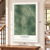 Linwood, Mississippi map, 24 x 36 inch print in a white frame by a staircase