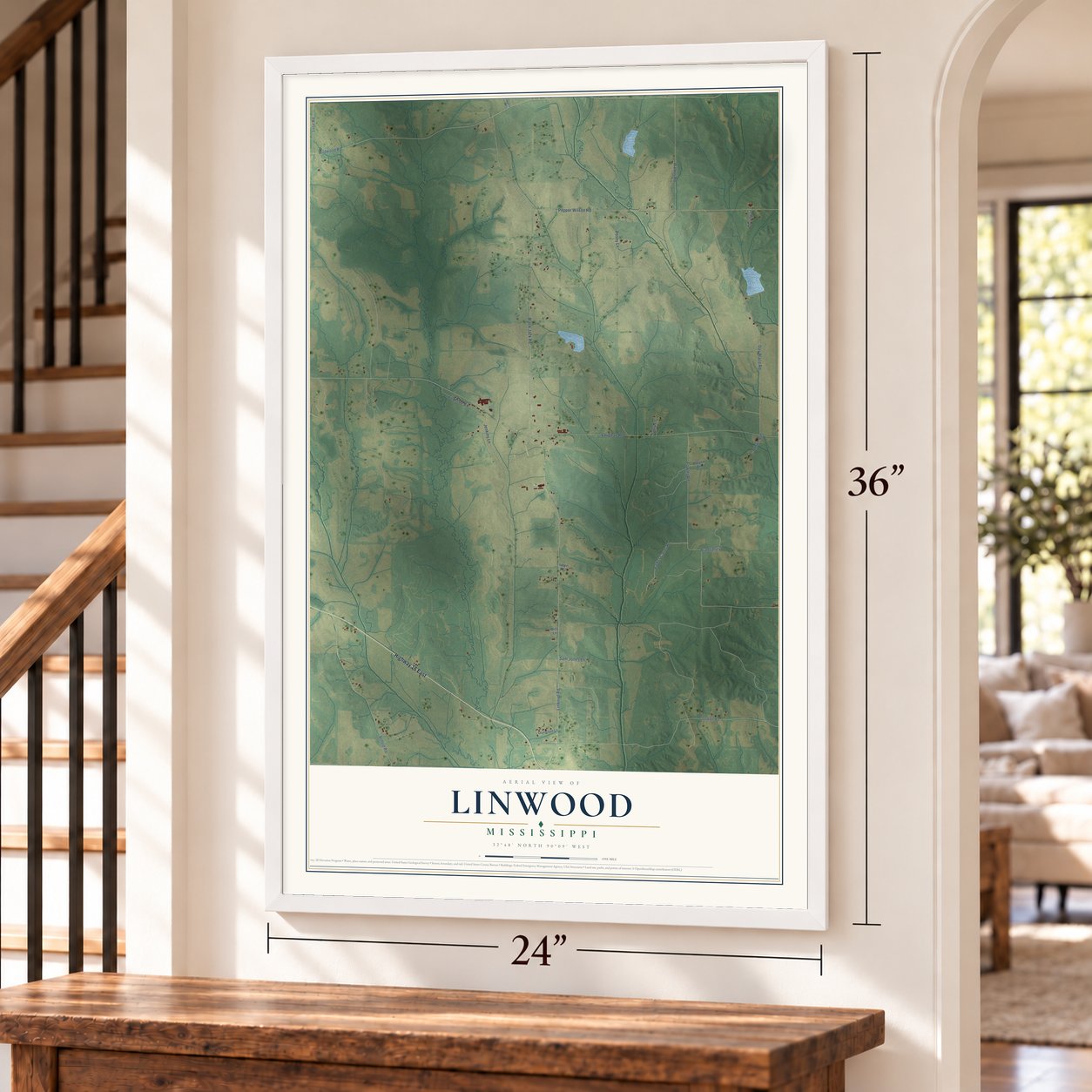 Linwood, Mississippi map, 24 x 36 inch print in a white frame by a staircase