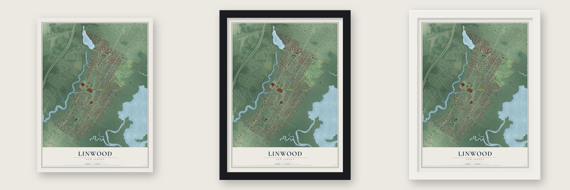 Linwood, New Jersey map unframed, in a black wood frame and in a white wood frame