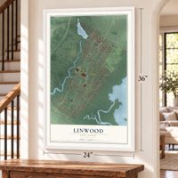Linwood, New Jersey map, 24 x 36 inch print in a white frame by a staircase
