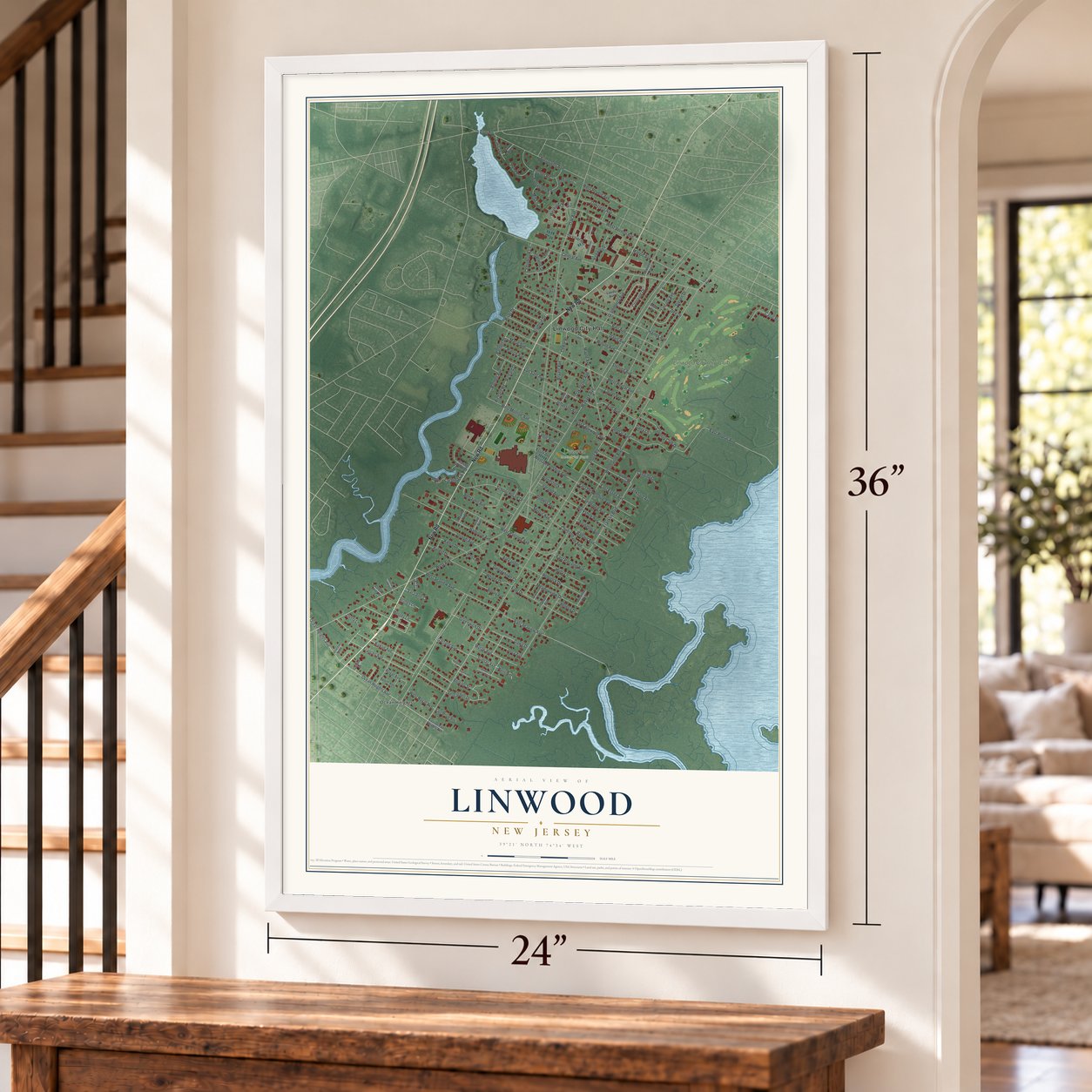 Linwood, New Jersey map, 24 x 36 inch print in a white frame by a staircase