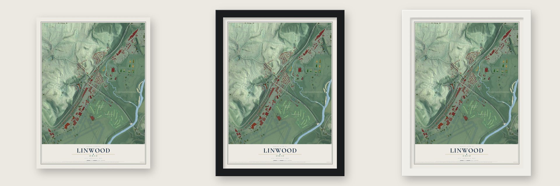 Linwood, Ohio map unframed, in a black wood frame and in a white wood frame