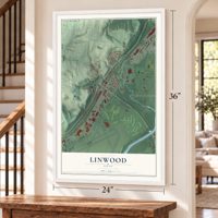 Linwood, Ohio map, 24 x 36 inch print in a white frame by a staircase