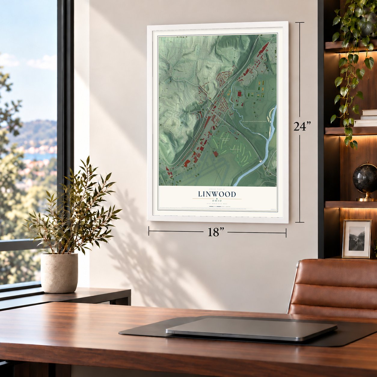 Linwood, Ohio map, 18 x 24 inch print in a white frame in a home office
