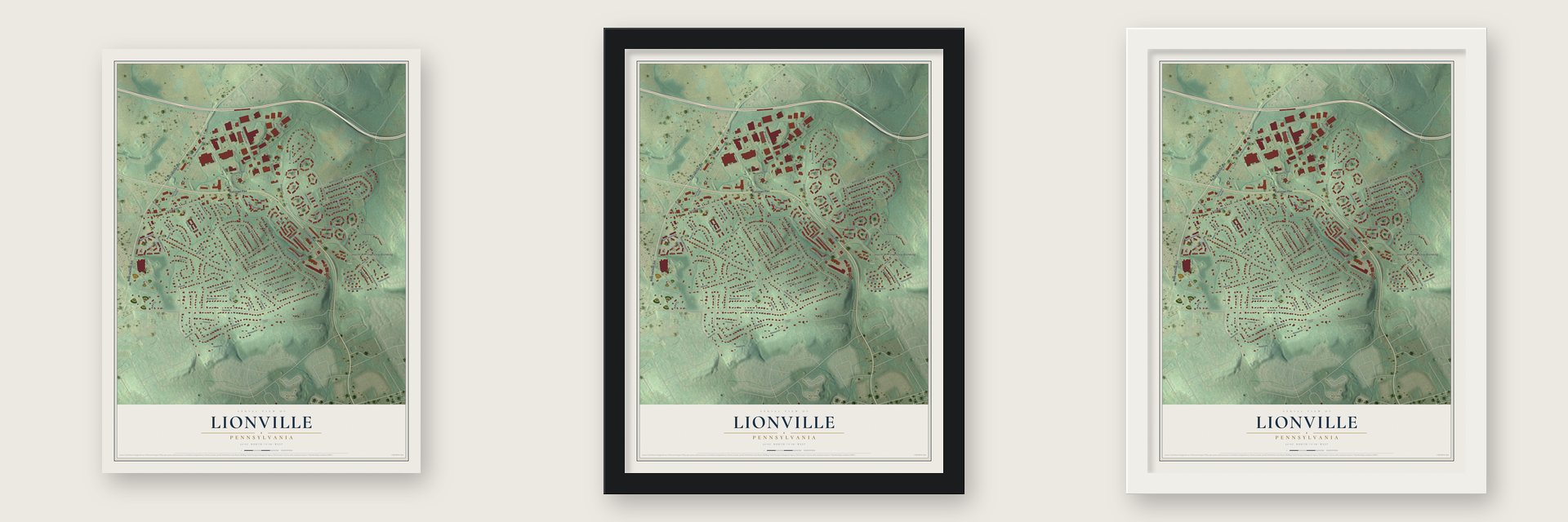 Lionville, Pennsylvania map unframed, in a black wood frame and in a white wood frame