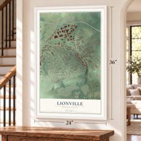 Lionville, Pennsylvania map, 24 x 36 inch print in a white frame by a staircase