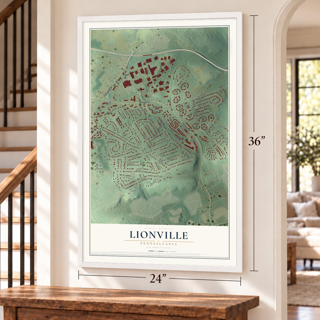 Lionville, Pennsylvania map, 24 x 36 inch print in a white frame by a staircase