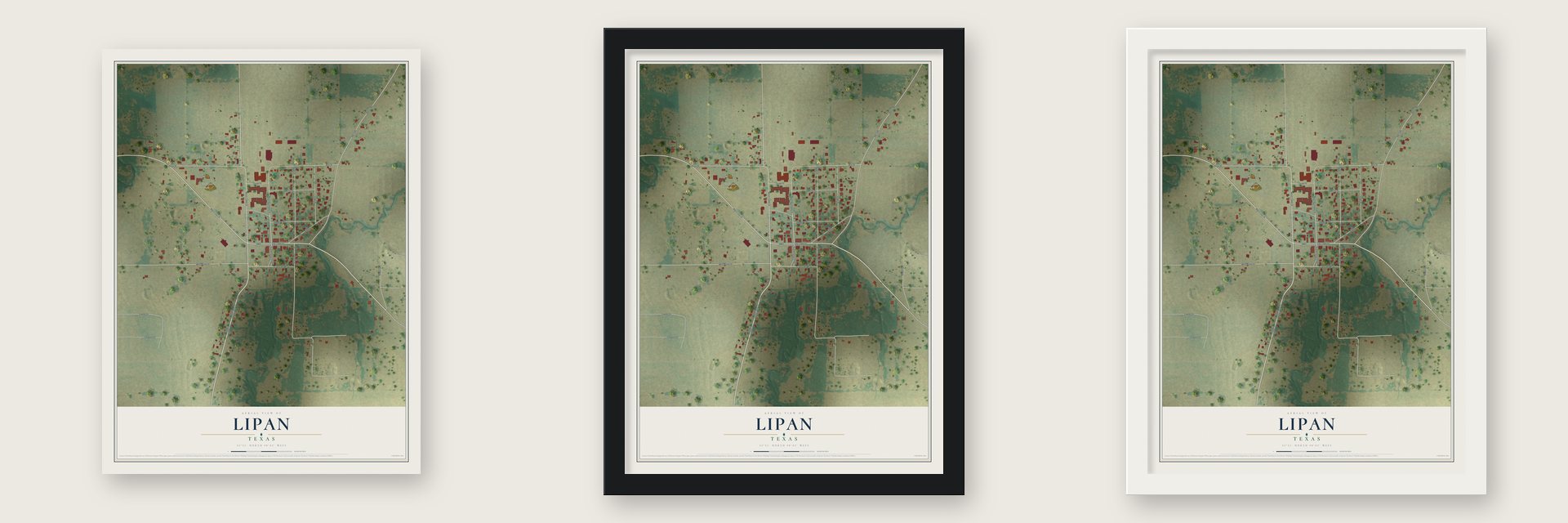 Lipan, Texas map unframed, in a black wood frame and in a white wood frame