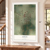 Lipan, Texas map, 24 x 36 inch print in a white frame by a staircase
