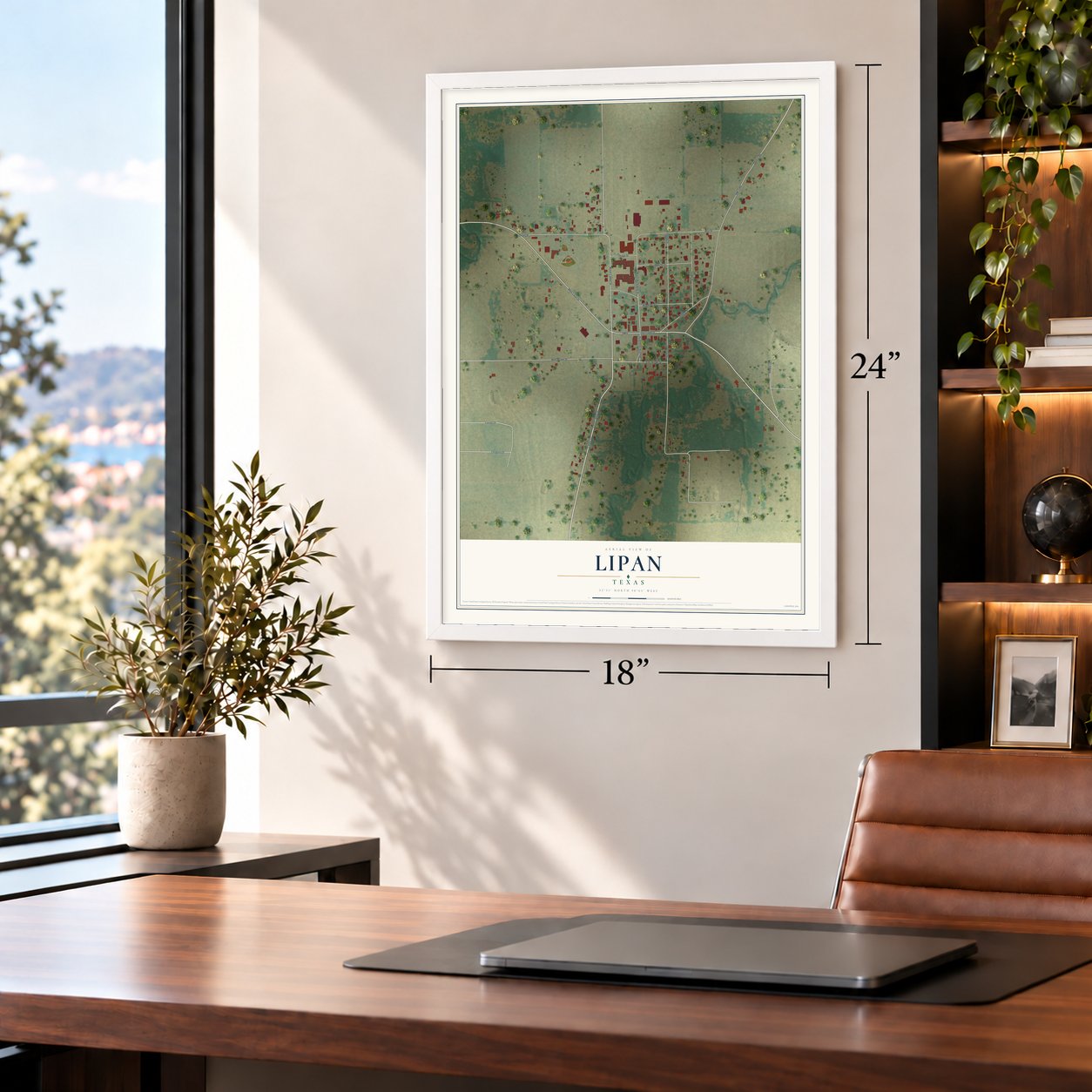 Lipan, Texas map, 18 x 24 inch print in a white frame in a home office