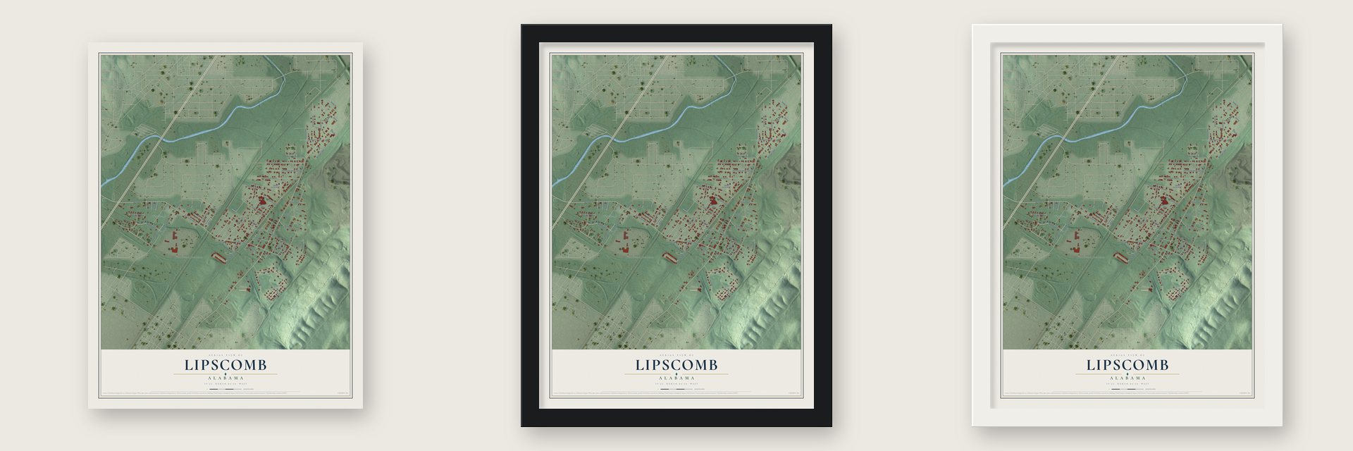Lipscomb, Alabama map unframed, in a black wood frame and in a white wood frame