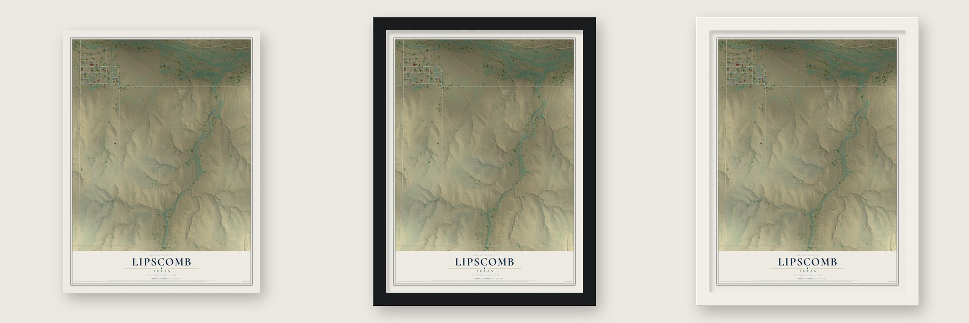 Lipscomb, Texas map unframed, in a black wood frame and in a white wood frame
