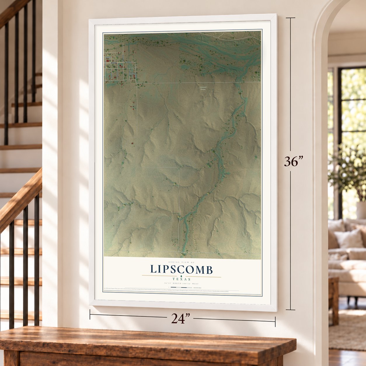 Lipscomb, Texas map, 24 x 36 inch print in a white frame by a staircase