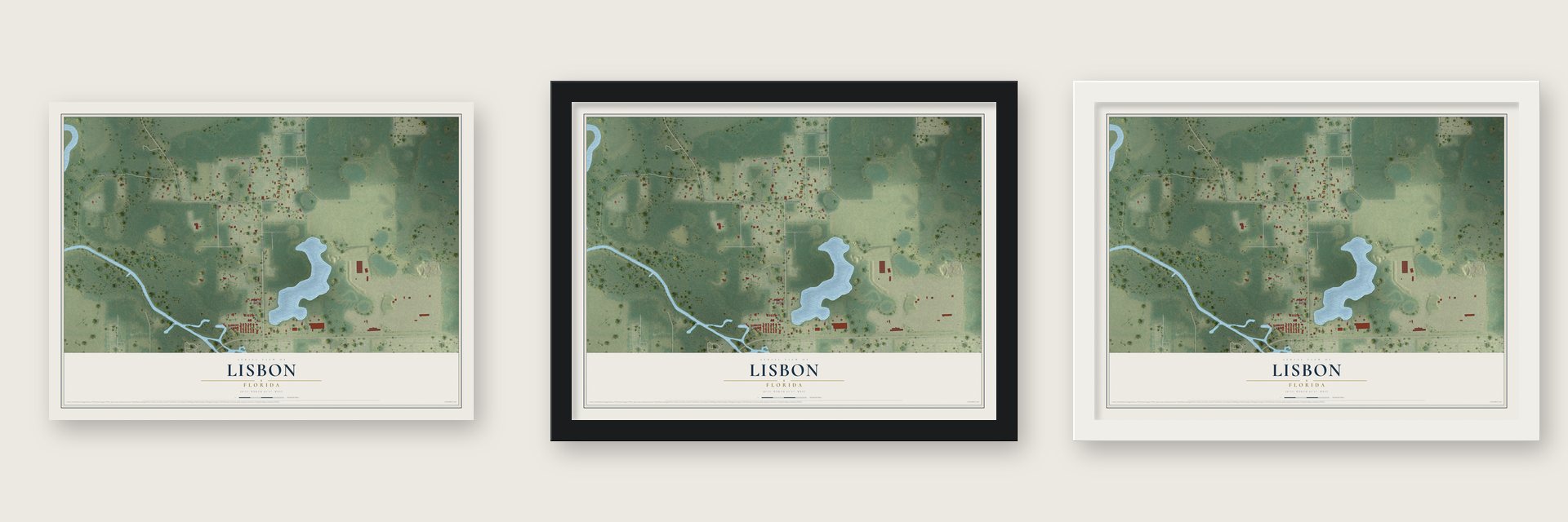 Lisbon, Florida map unframed, in a black wood frame and in a white wood frame