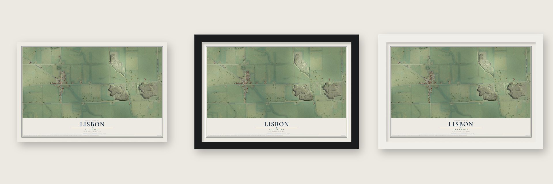 Lisbon, Illinois map unframed, in a black wood frame and in a white wood frame