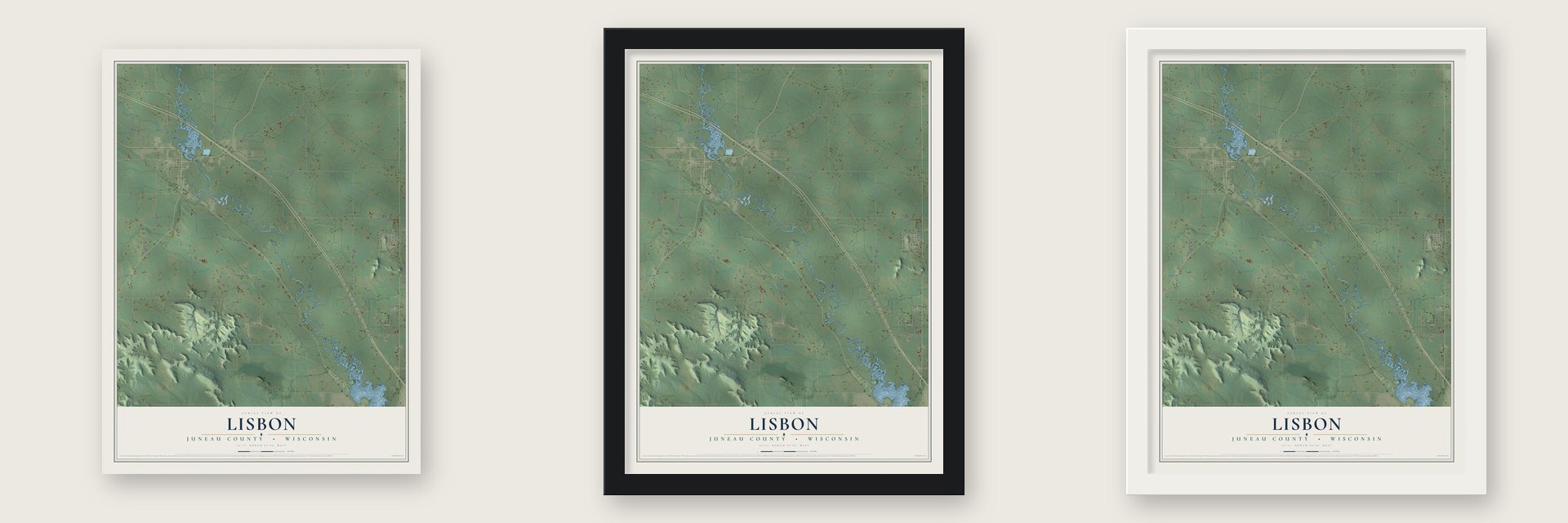Lisbon, Juneau County, Wisconsin map unframed, in a black wood frame and in a white wood frame