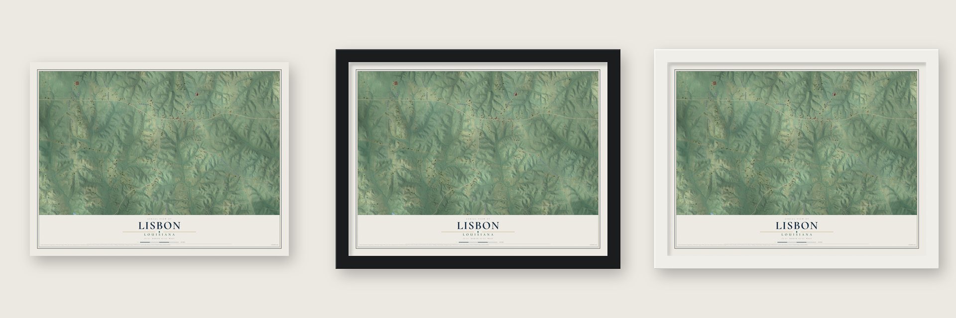 Lisbon, Louisiana map unframed, in a black wood frame and in a white wood frame